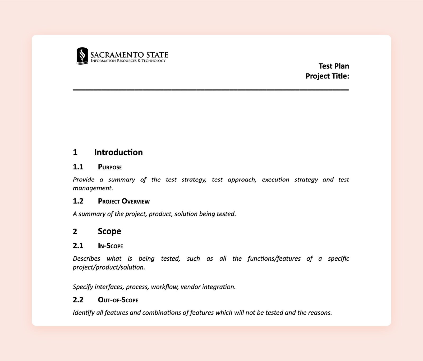 Screenshot of CSU Sacramento’s test plan document