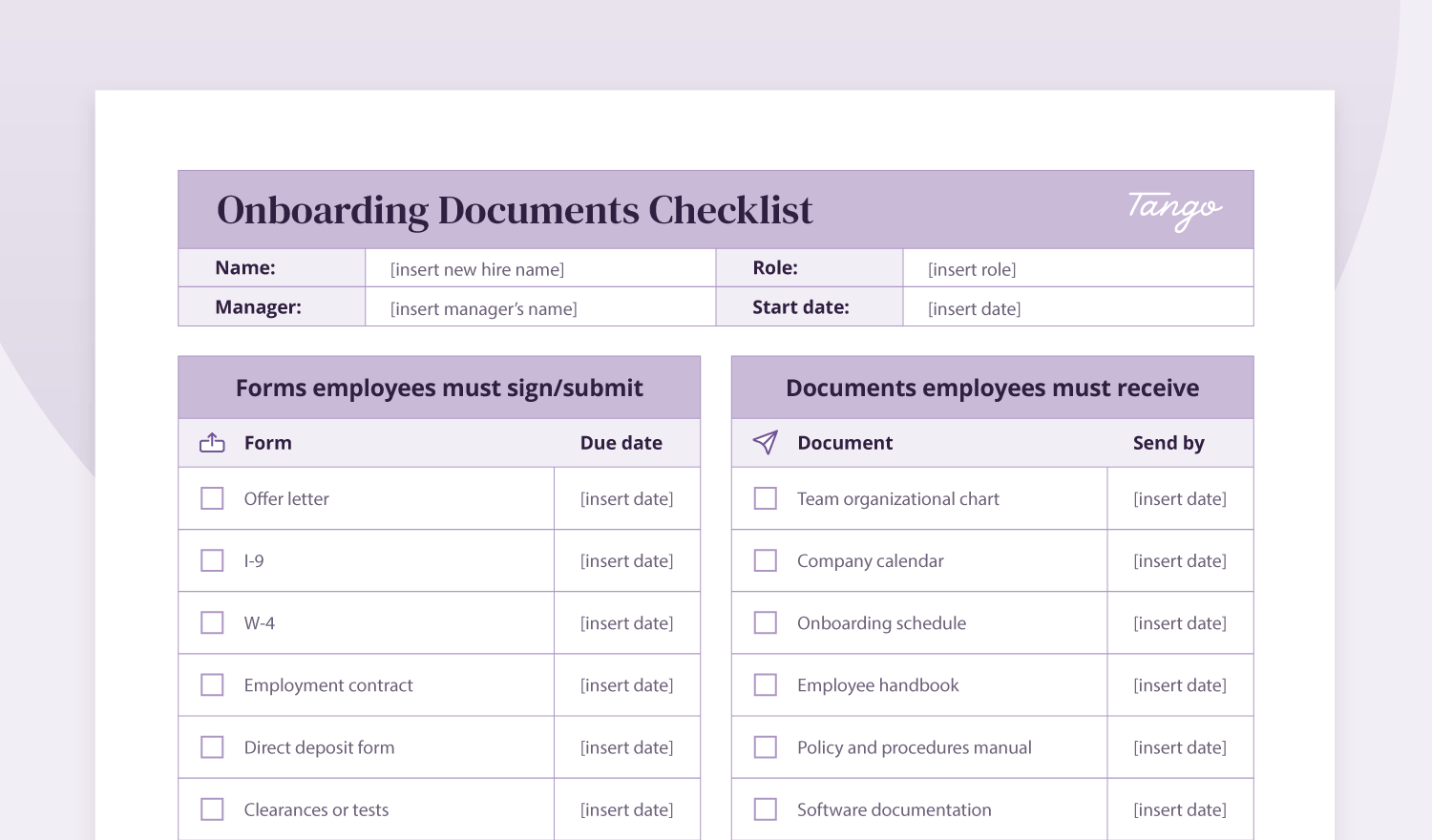 mockup of onboarding documents checklist PDF