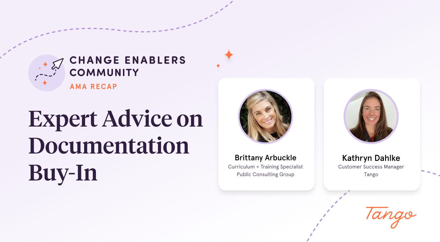 A graphic showcasing two Ask Me Anything (AMA) series speakers who led a discussion on knowledge documentation buy-in.