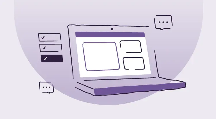computer open to a knowledge base with illustrations of checkboxes and message boxes surrounding it