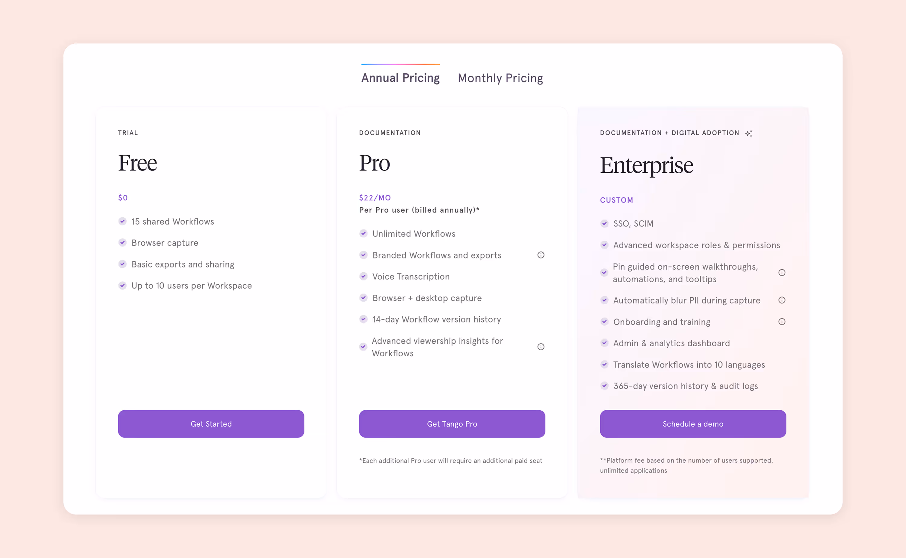 A screenshot of Tango's pricing.