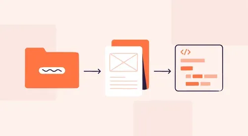 folder with an arrow pointing to the right of a document, then another arrow pointing to the right of the document to some code