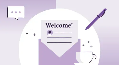 welcome letter with “welcome” across the top with a pen, cup of coffee, and a chat box around it