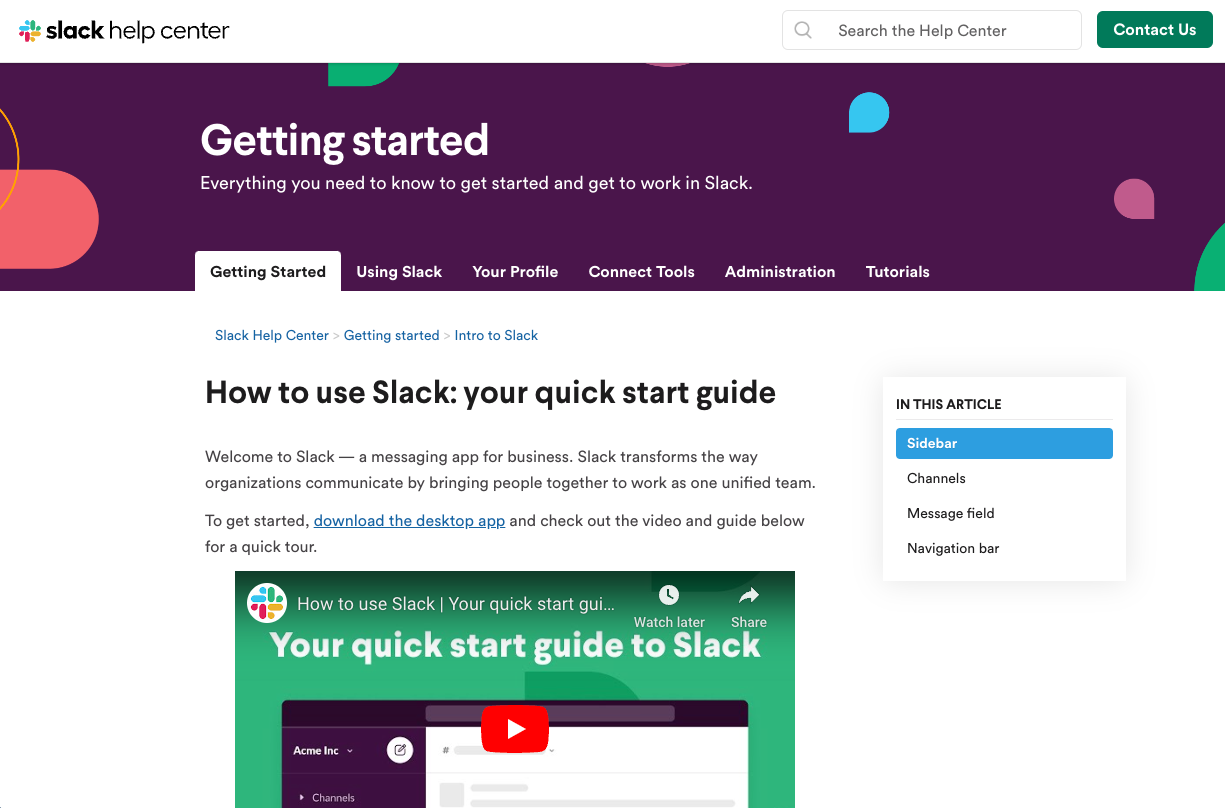 A screenshot of Slack's online quick start guide.