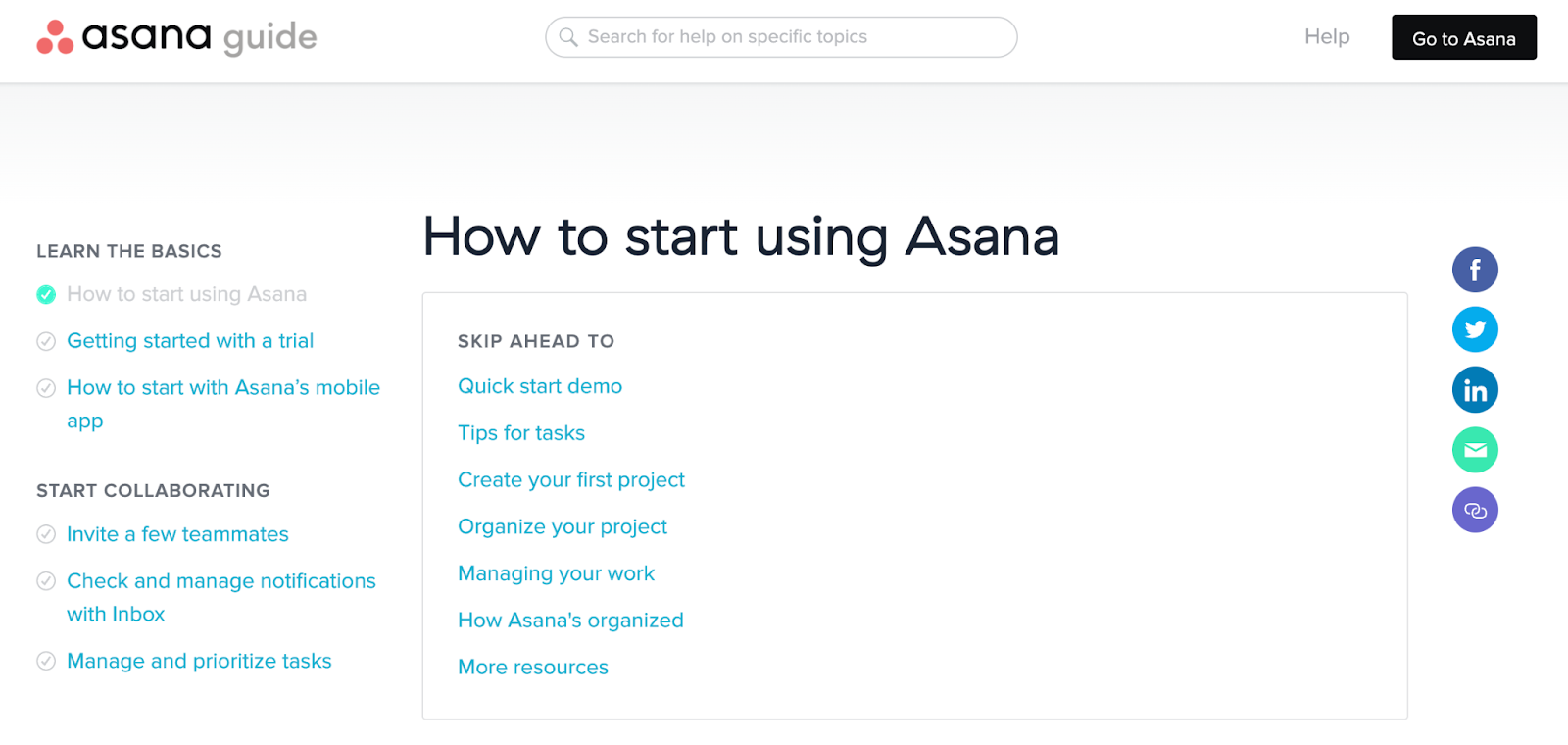 A screenshot of Asana's online quick start guide.