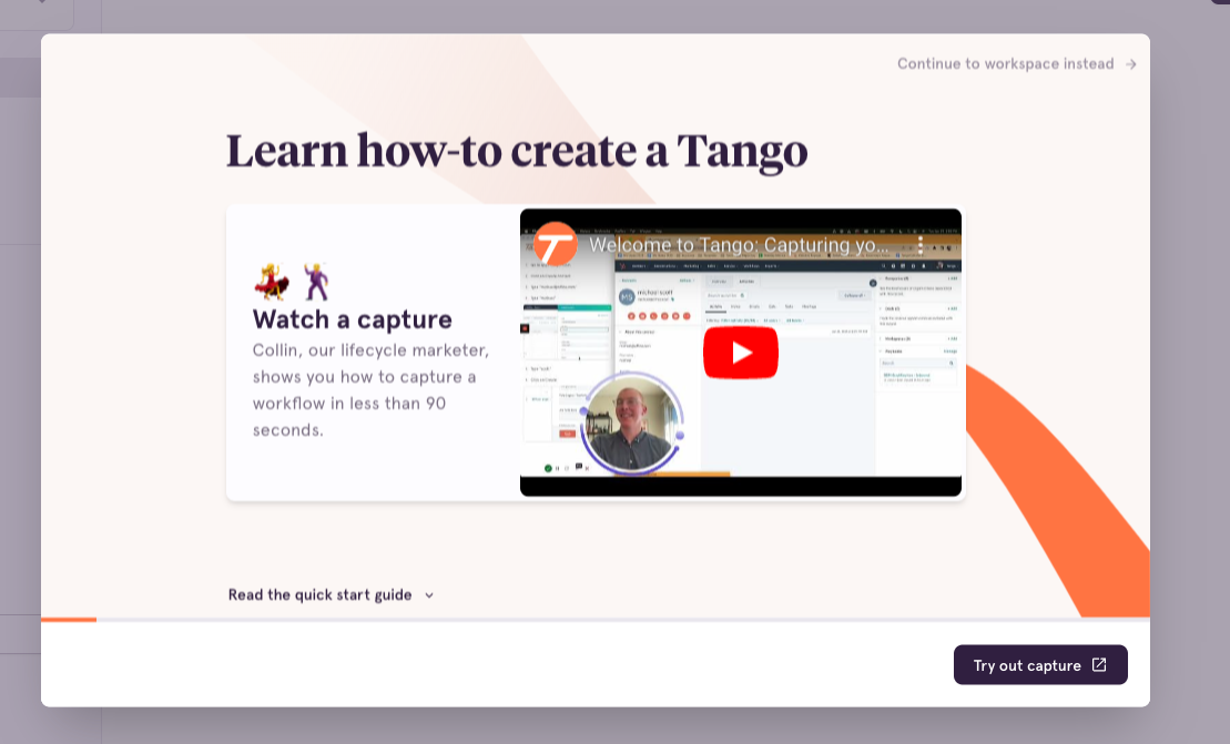 A screenshot of Tango's in-app quick start guide.