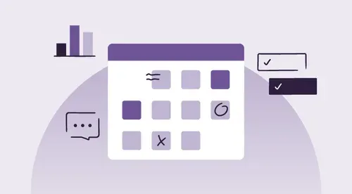 calendar with markings in the center surrounded by graph, checkbox, and other project management-related icons