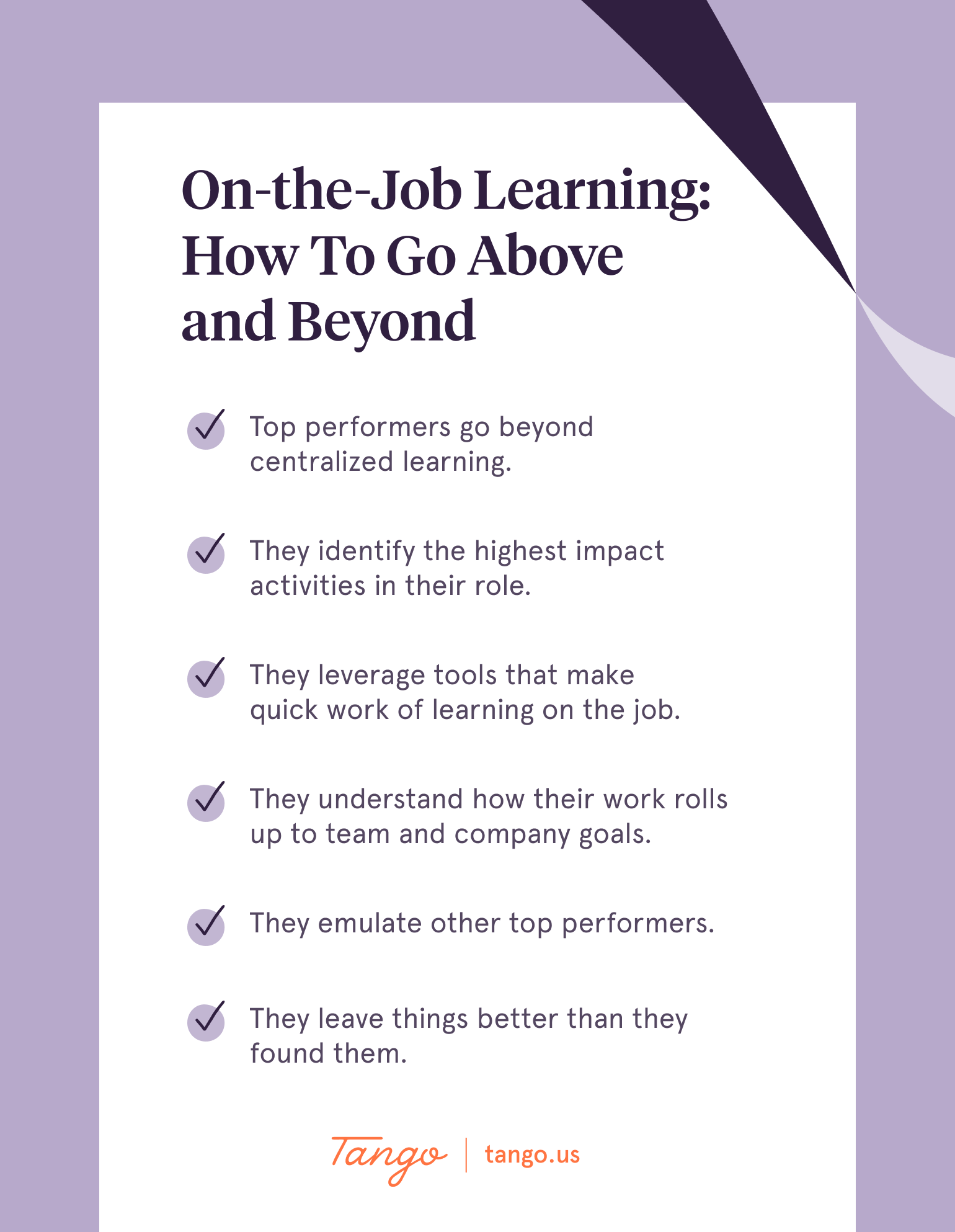 A Tango-branded graphic with a list of ways top performers approach learning on the job differently.