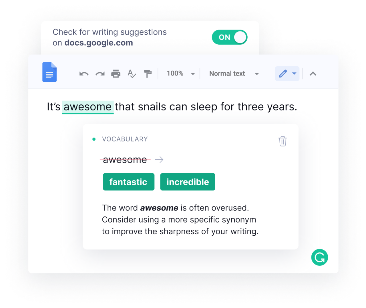 An example of real-time writing feedback from Grammarly.
