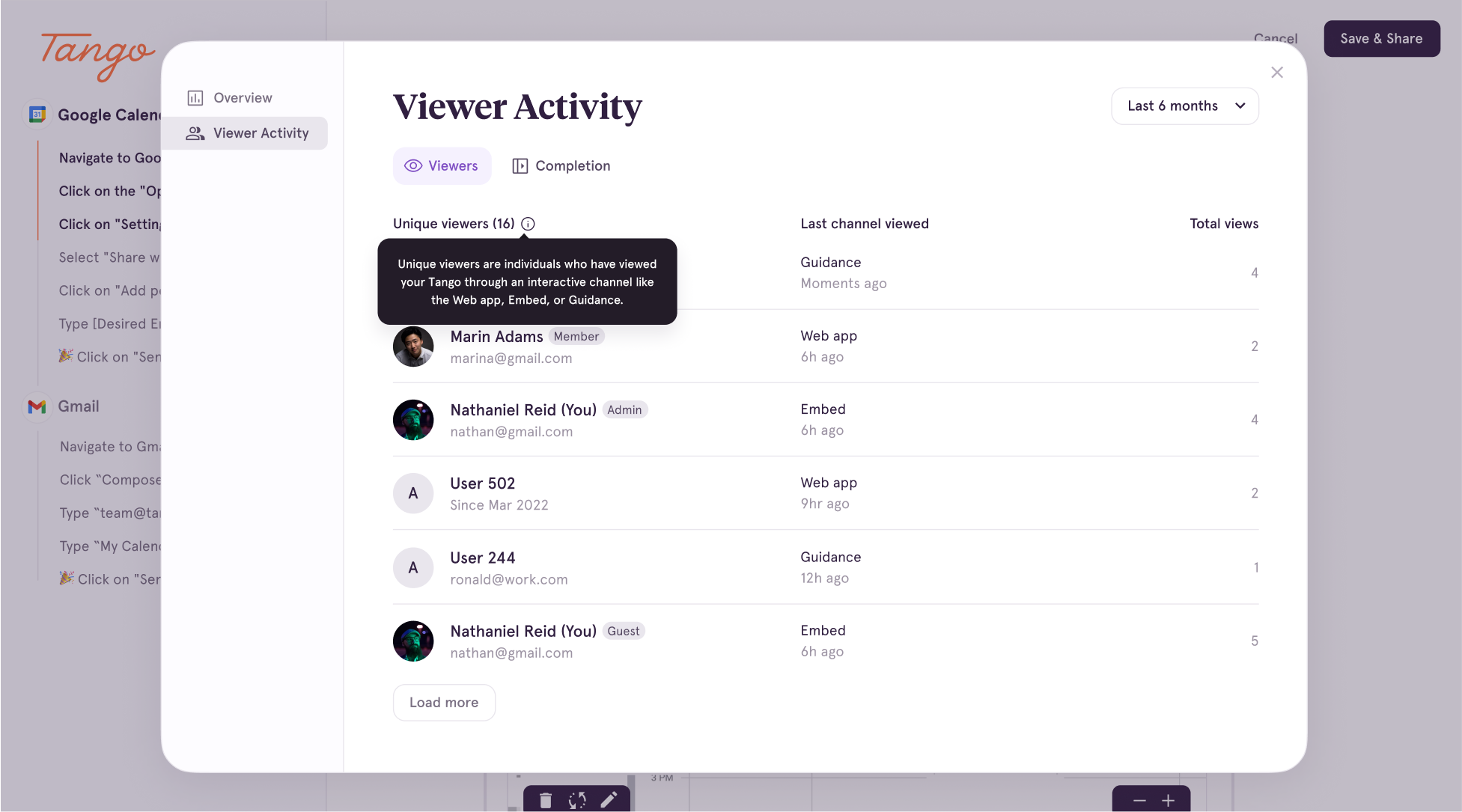 A screenshot of Guidance Analytics, showing the Viewers in Viewer Activity dashboard.
