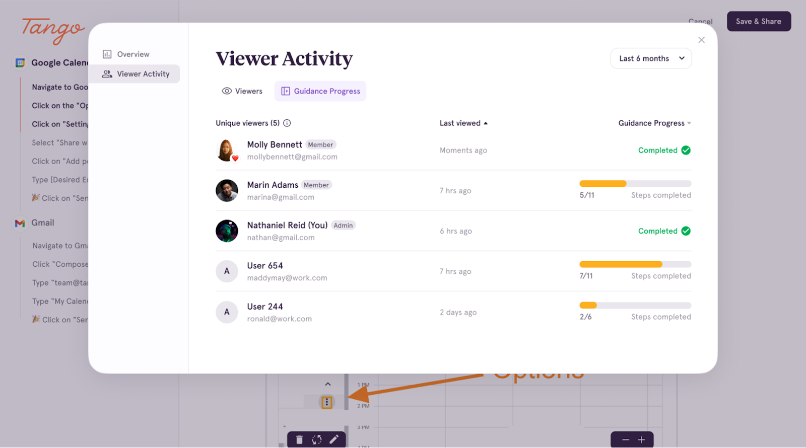 A screenshot of Guidance Analytics, showing the Guidance Progress in Viewer Activity dashboard.