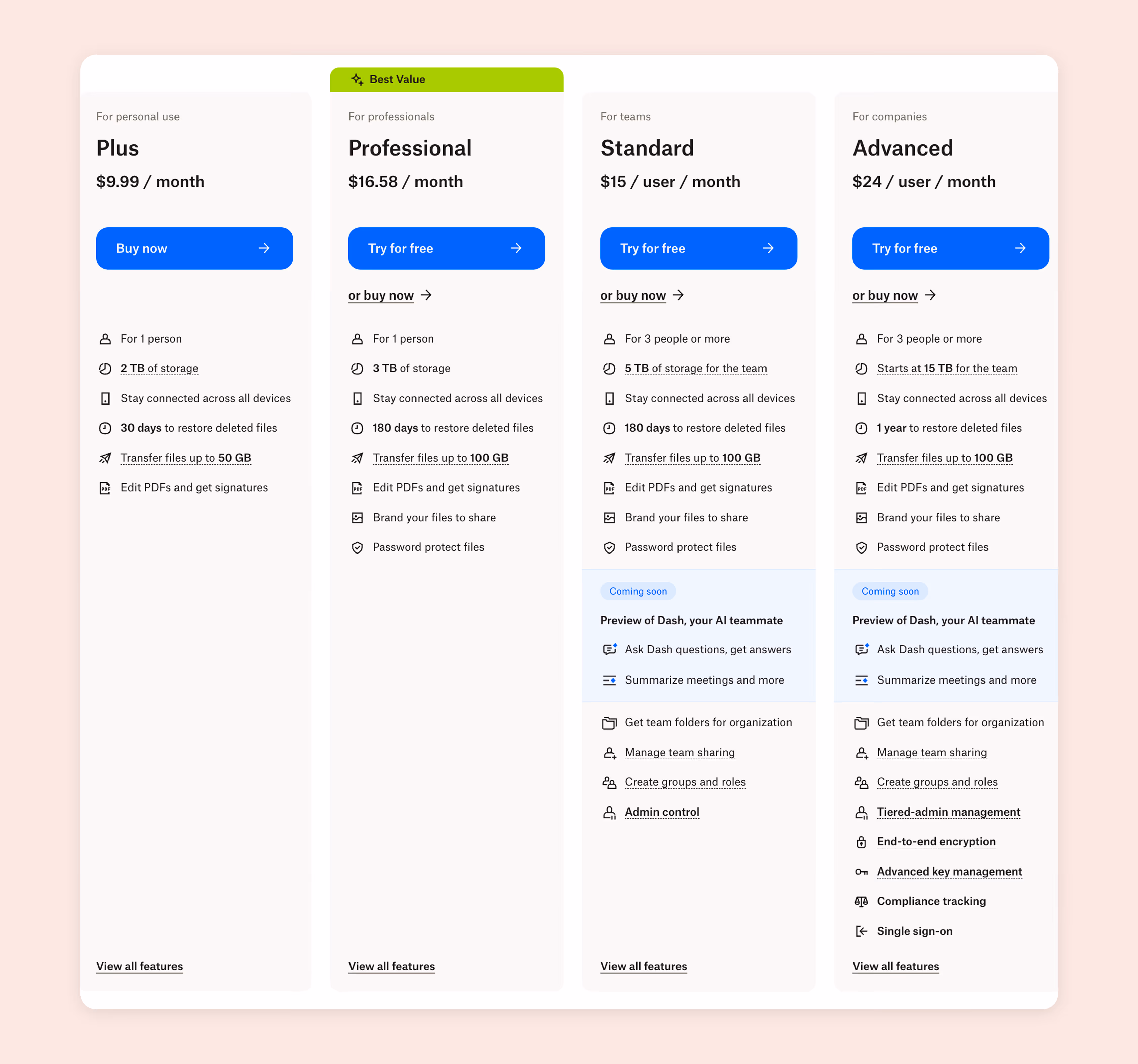 Screenshot of Dropbox’s pricing page