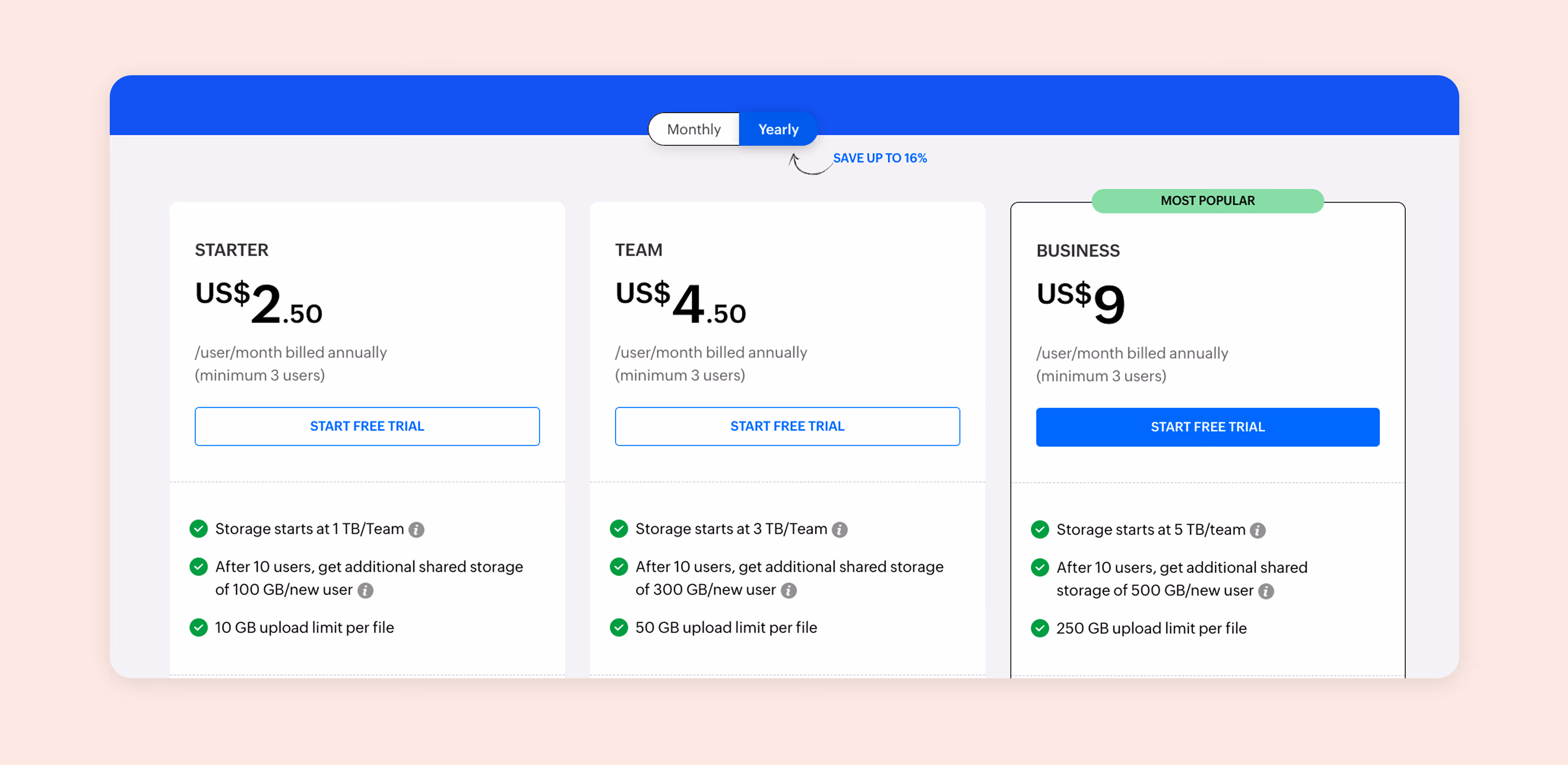 Screenshot of Zoho WorkDrive’s pricing page