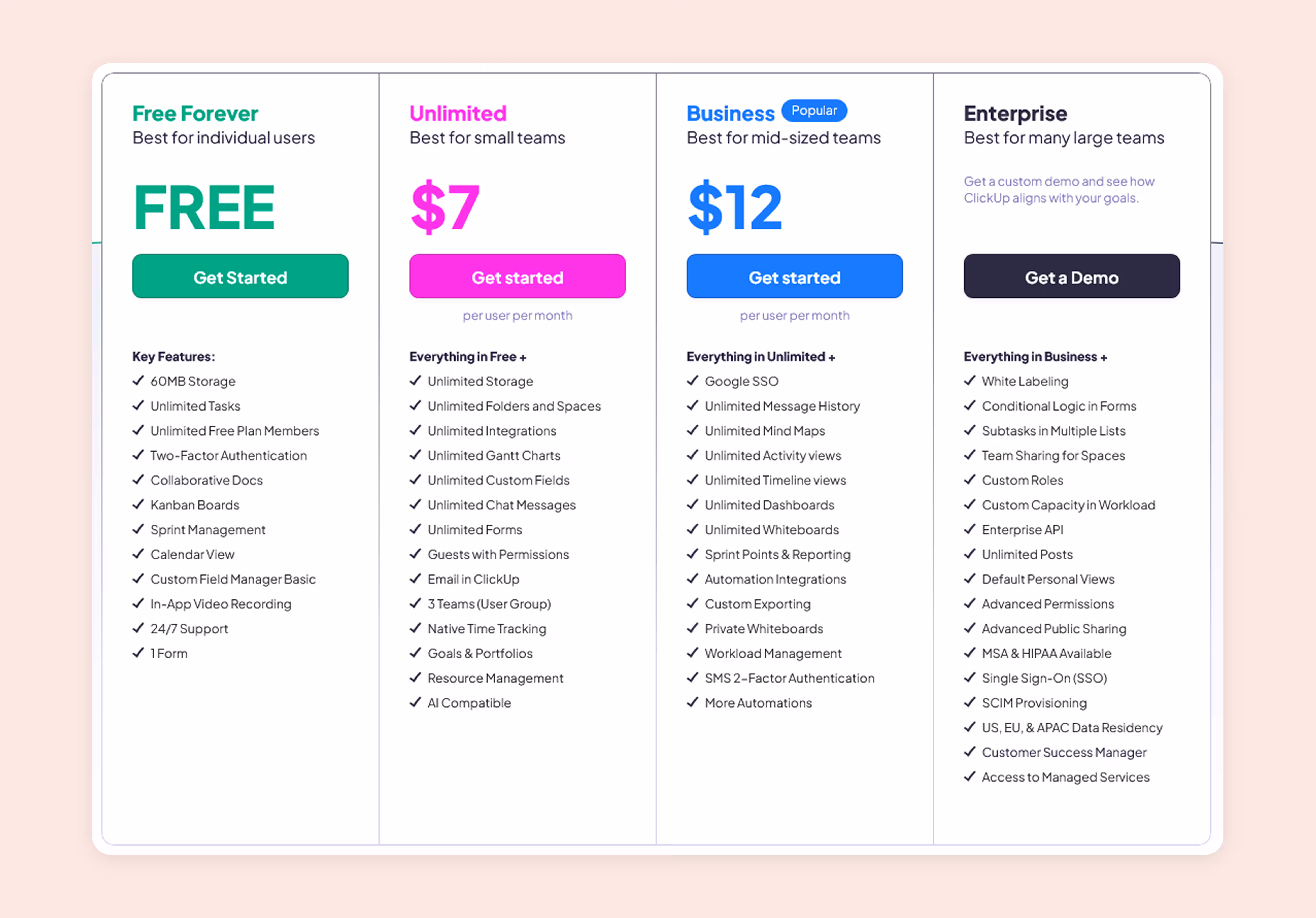 screenshot of ClickUp’s pricing page