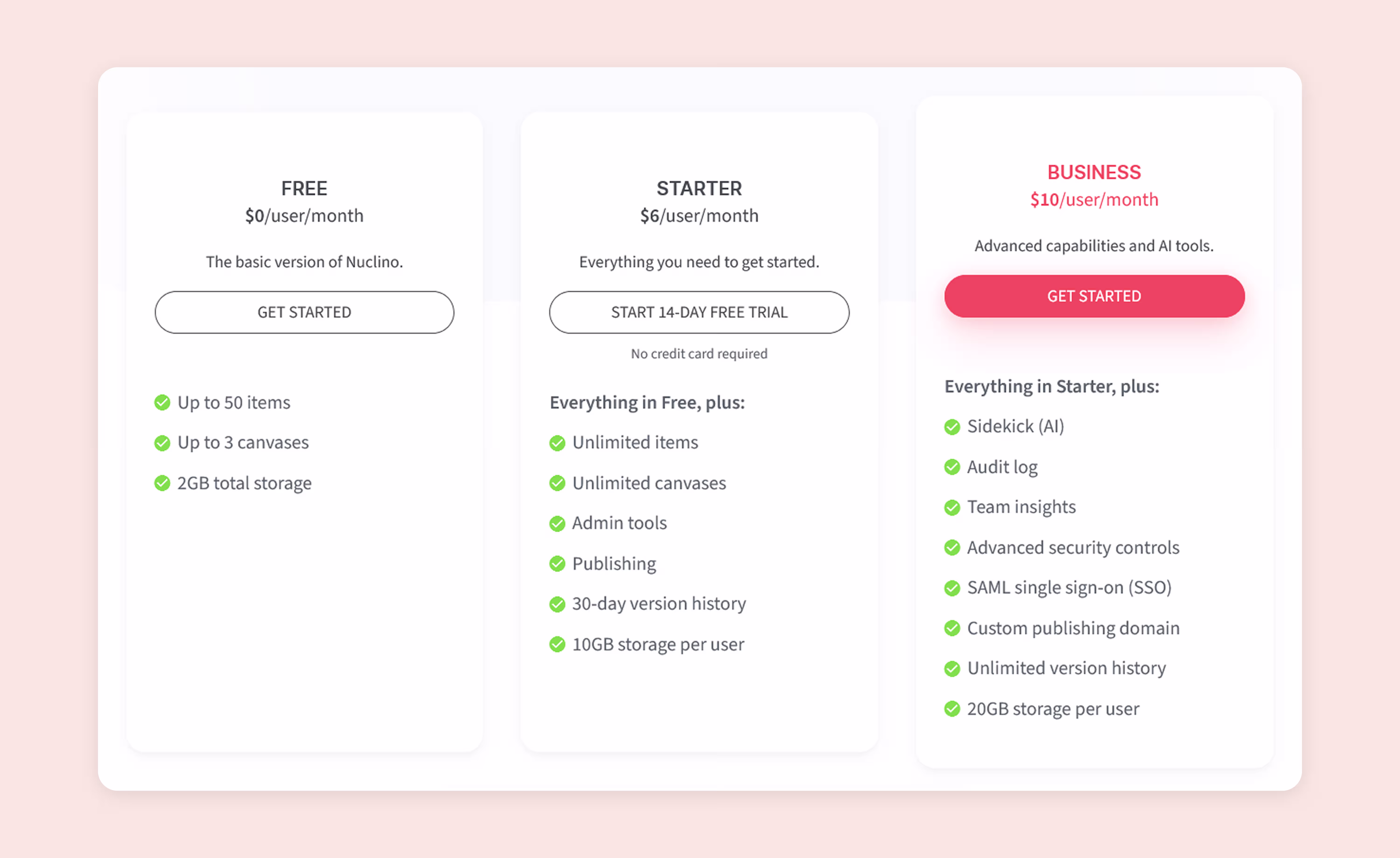 A screenshot of Nuclino's pricing.