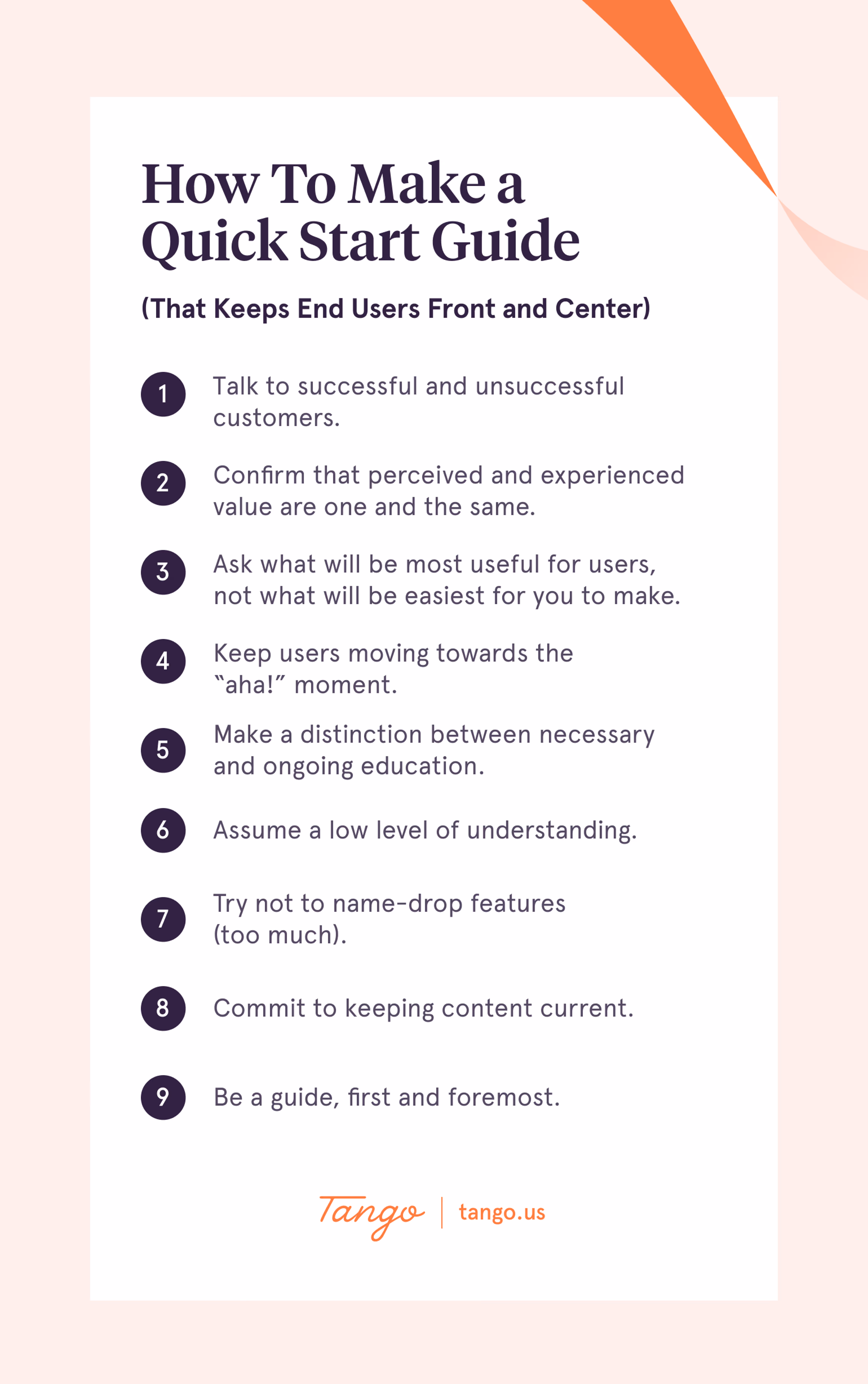 A list of nine tips to create a user-centric quick start guide.