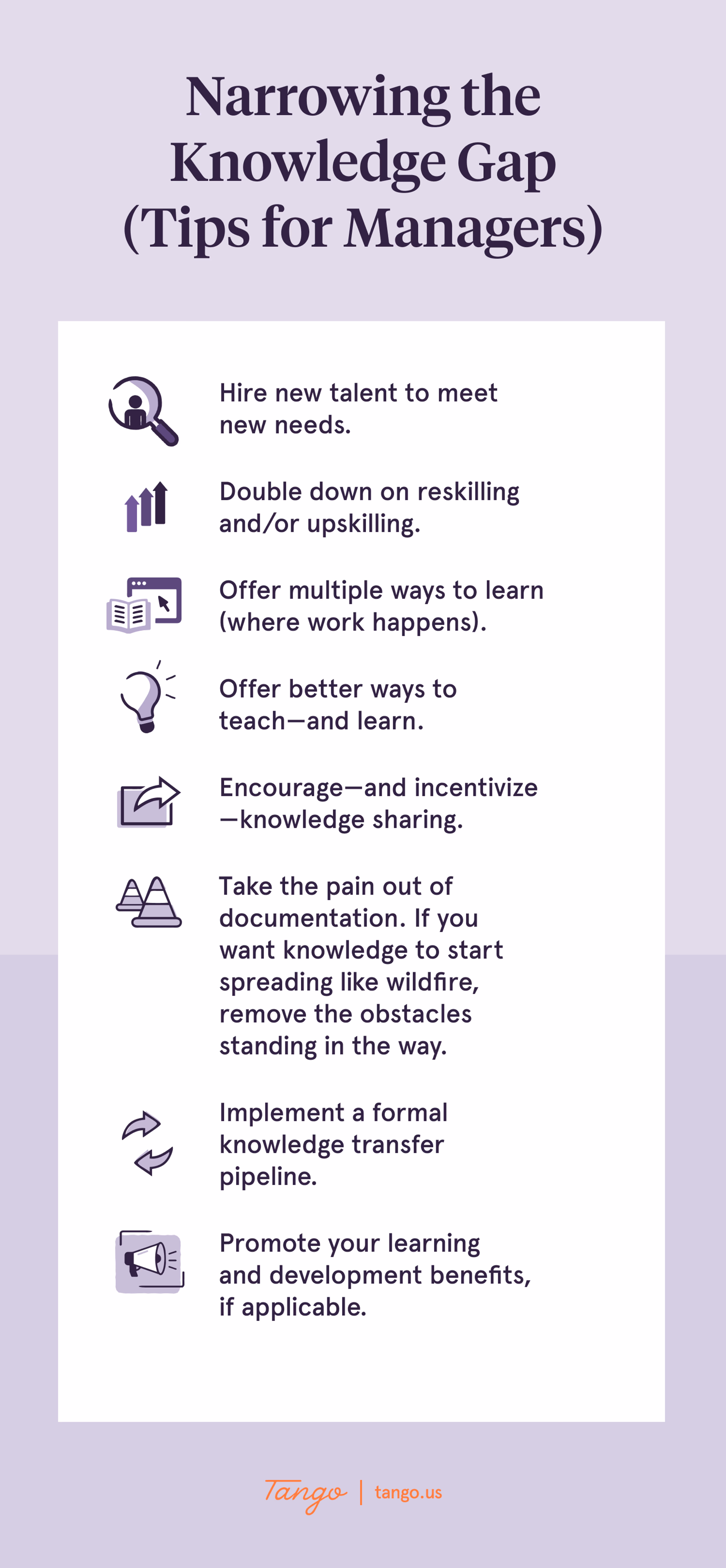 A graphic summarizing 8 strategies to overcome knowledge gaps at work.