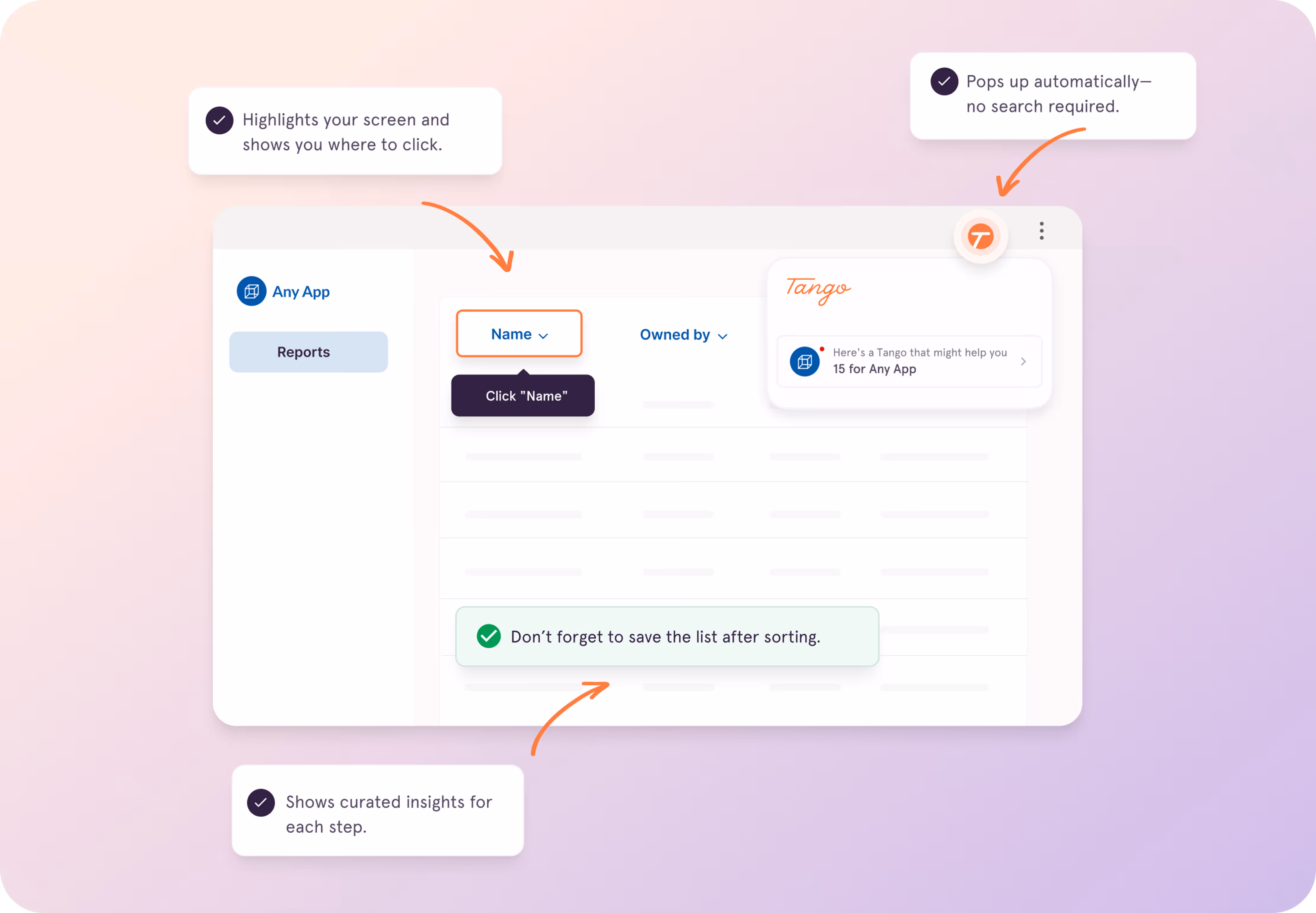 A screenshot from Tango of an interactive walkthrough telling  you exactly what to do and where to click, without ever leaving your screen.