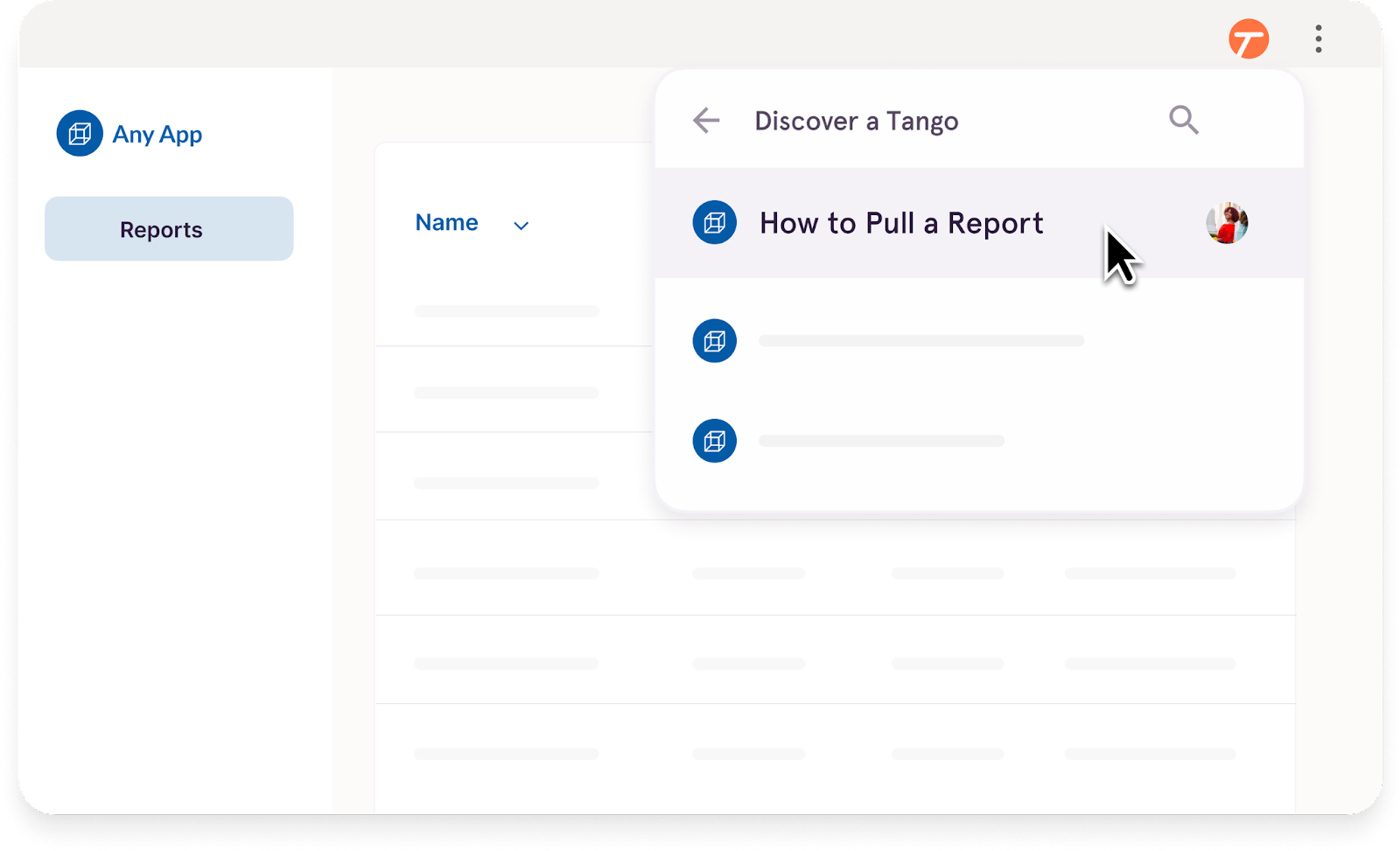 A screenshot of answers showing up in the flow—where and when they’re needed—with Tango.