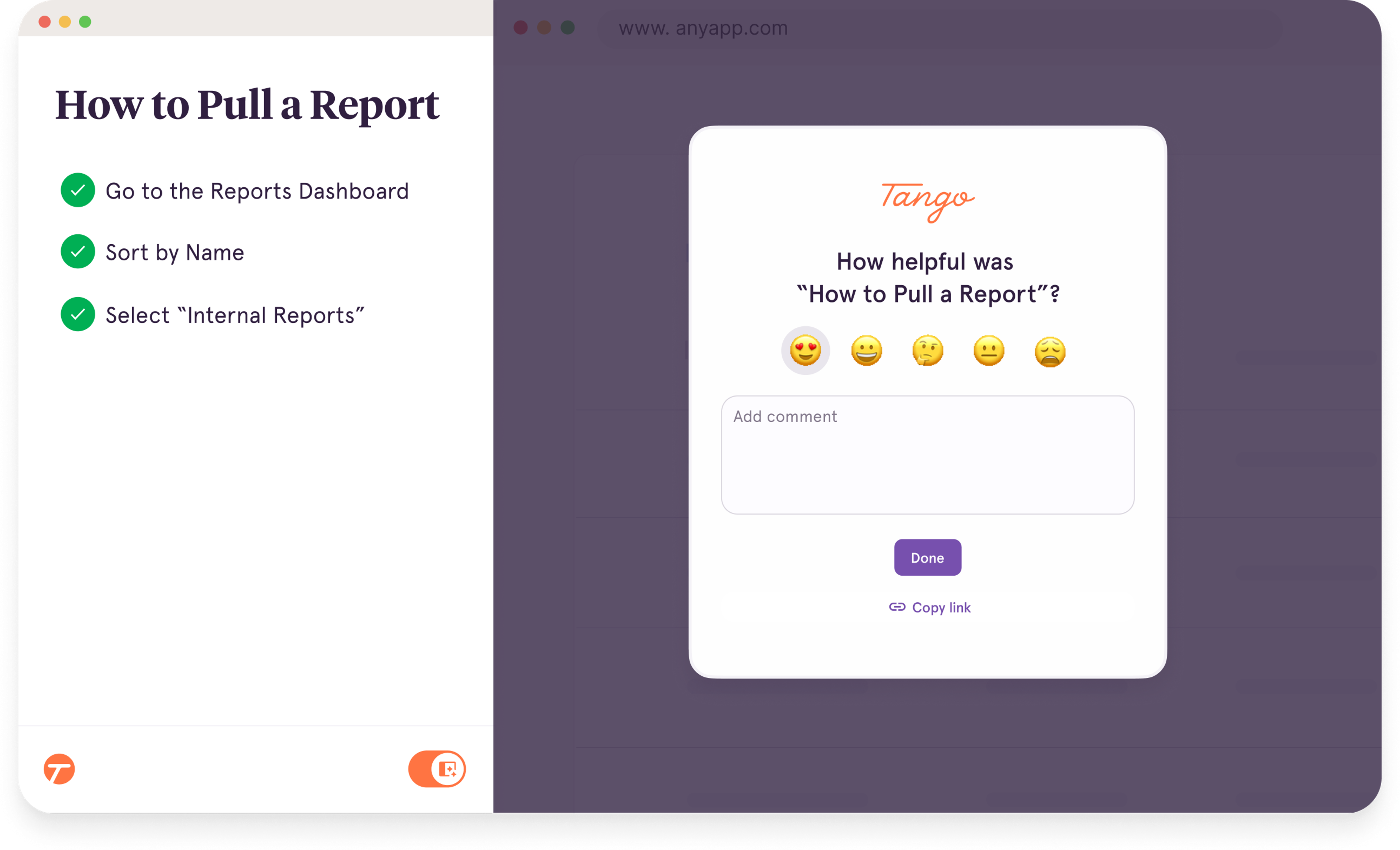 A screenshot of Tango's Comments and Reactions feature, which makes it easy to get feedback from users as they go through a process.