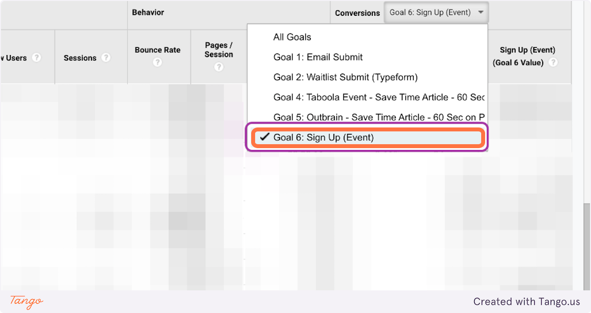 Click on Goal 6: Sign Up (Event) OR the goal you're looking to analyze.