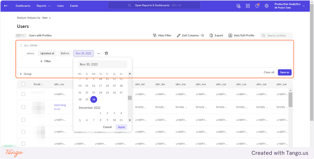 Set Edit Columns to include all UTM fields. Set Updated at to relevant dates.