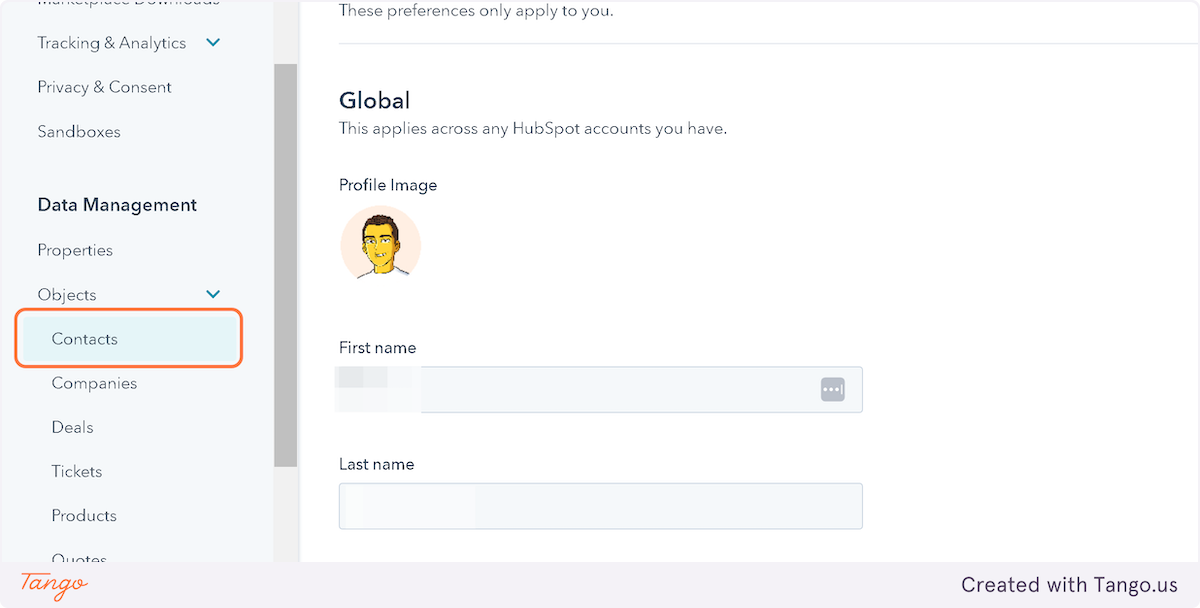 Under Objects, click on Contacts