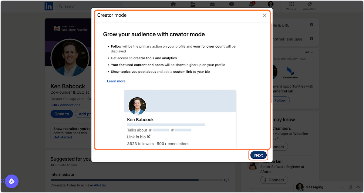 Once you've read the preview on Creator Mode, click Next