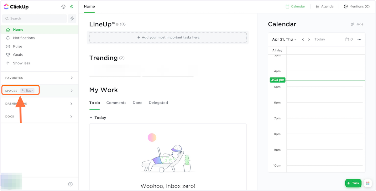 From your homepage, click "Spaces" in the left sidebar