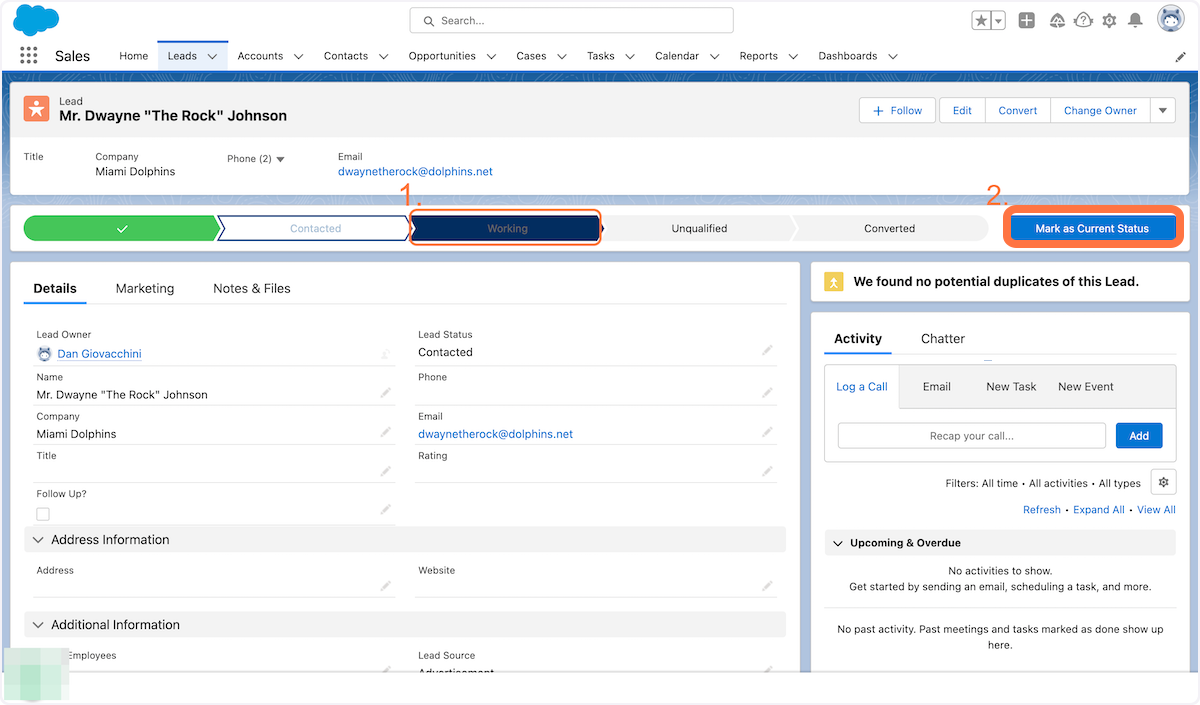 In lead contact page, convert status to working, and then select Mark as Current Status