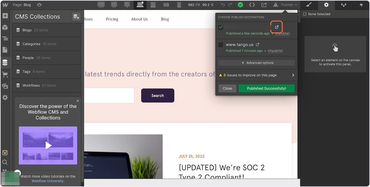 Click on "view site" button