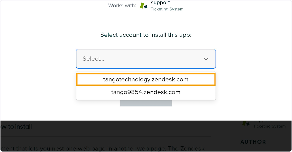 Select Zendesk account to install app to