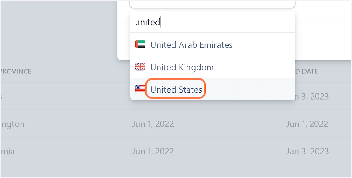 Click on choose…, then type "united", then click on united states