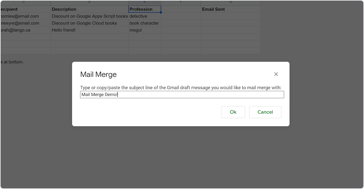 Paste subject line from Draft email ("Mail Merge Demo!") into text box