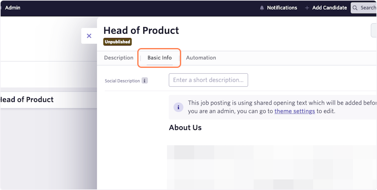 Click "Basic Info". Add job description details under "Description."