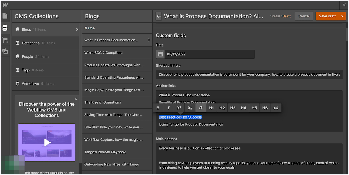 Highlight each Header to add a link