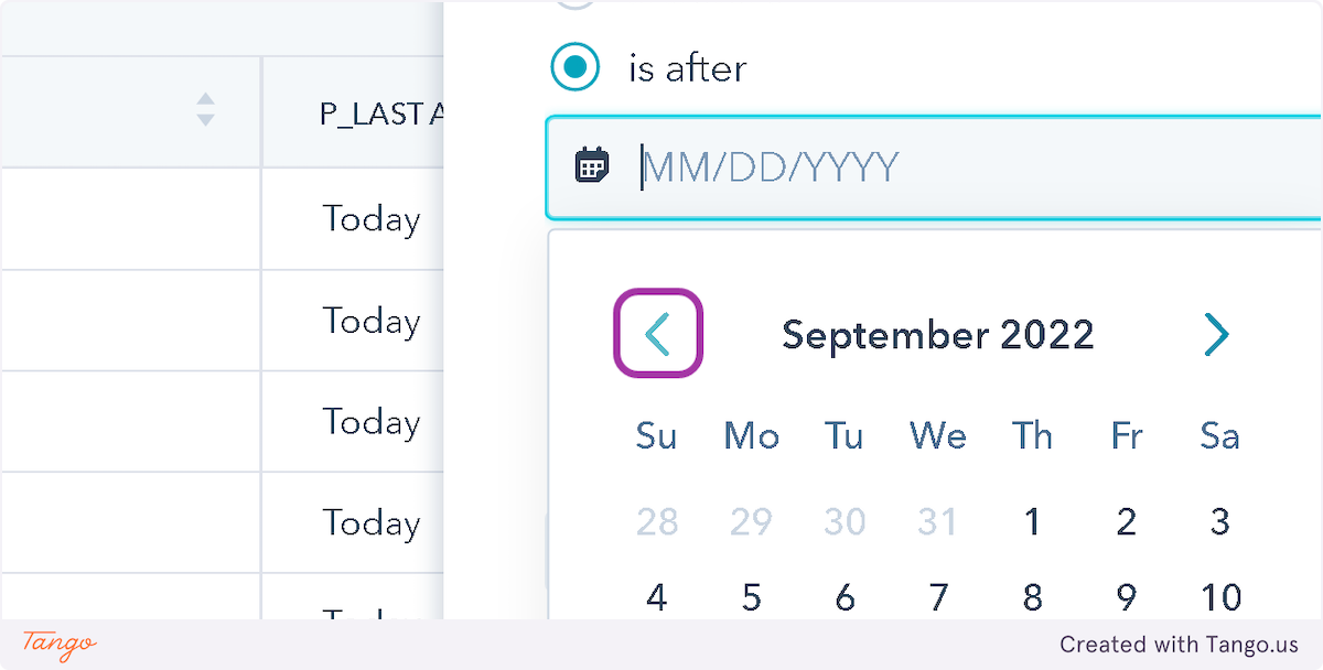 Click on "is after", then click on previous month, then click on 14