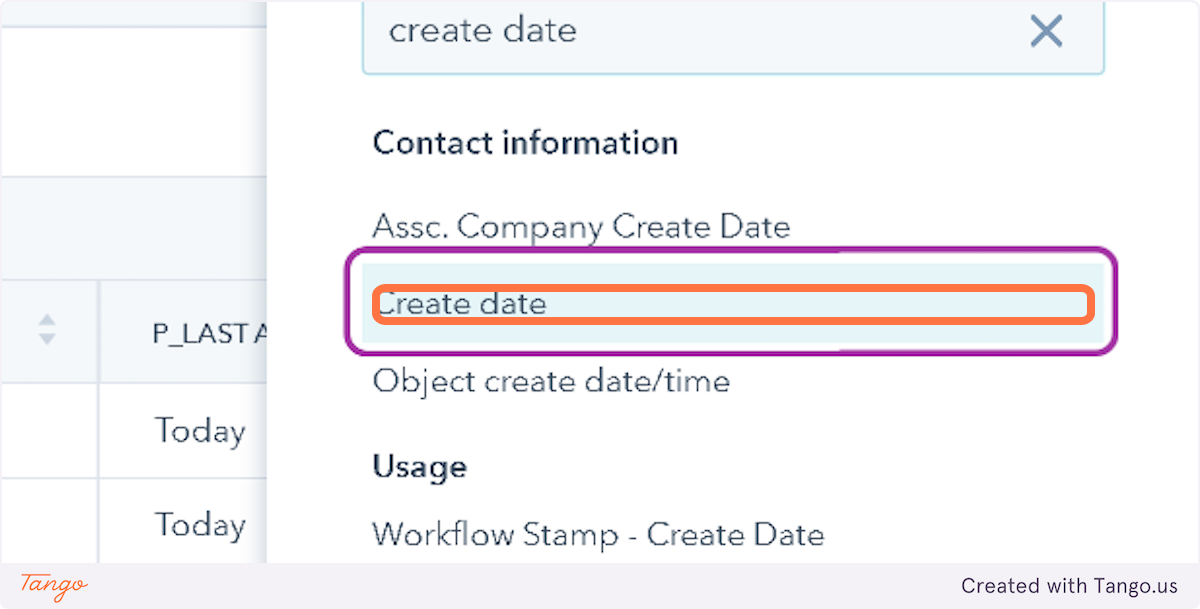 Search for and Select Create date