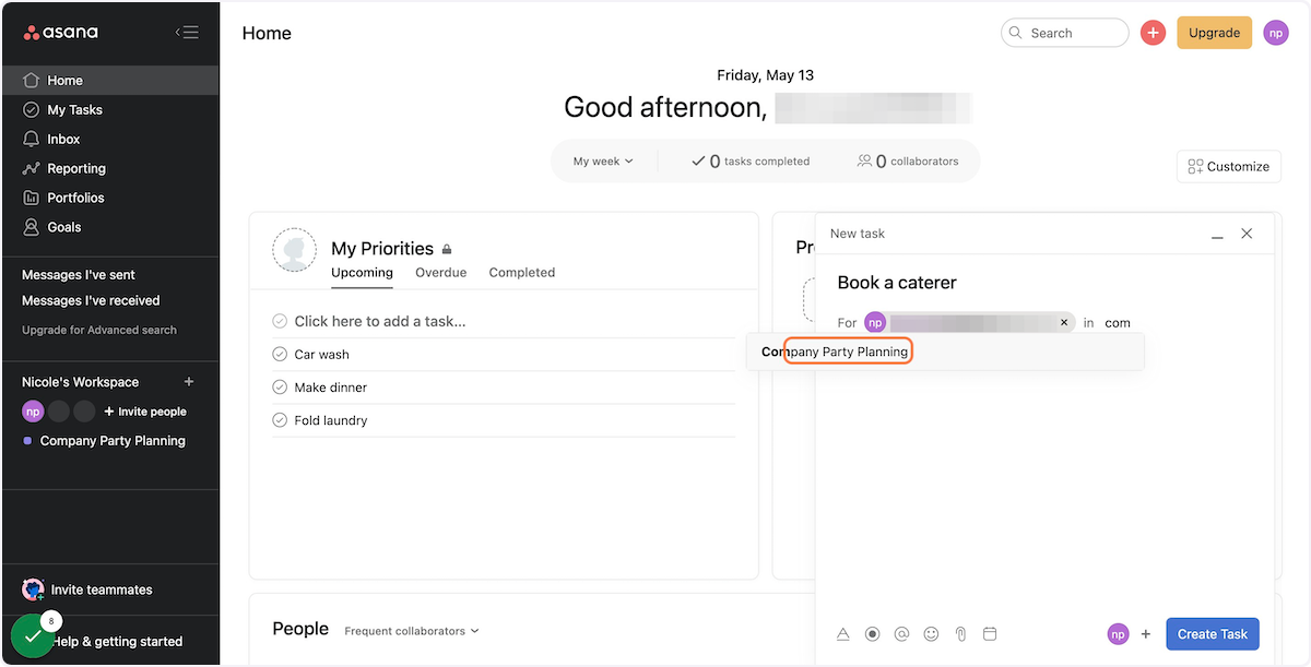 Select the project where you want your task to live