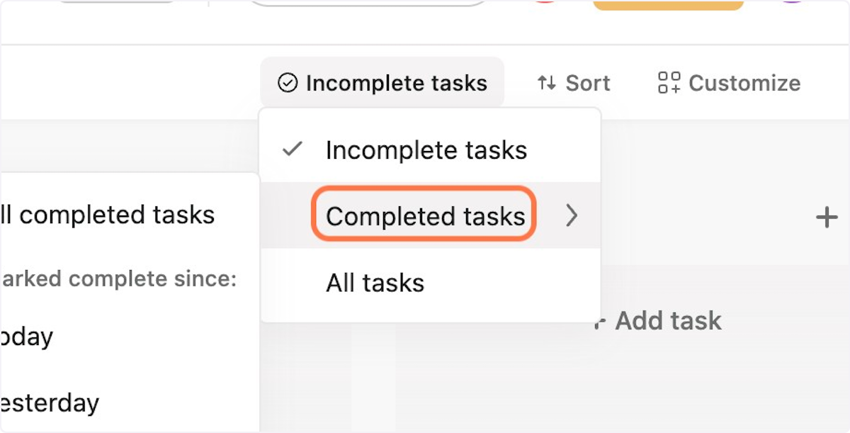 In the dropdown menu, click on "Completed tasks"