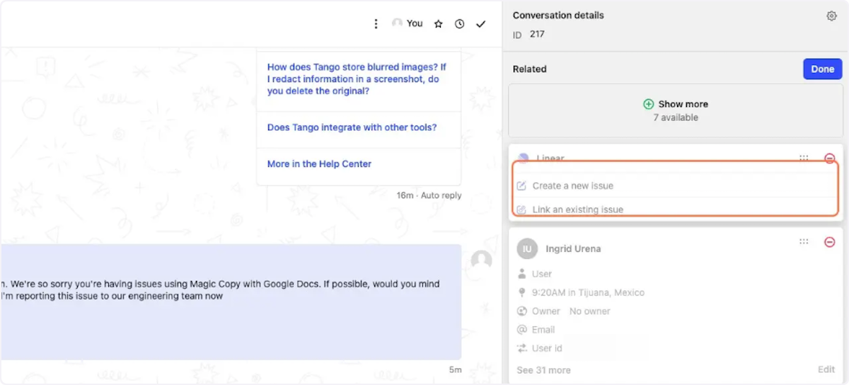 You can then add a note and automatically create a ticket for engineering directly from the righthand sidebar, without needing to open Linear.