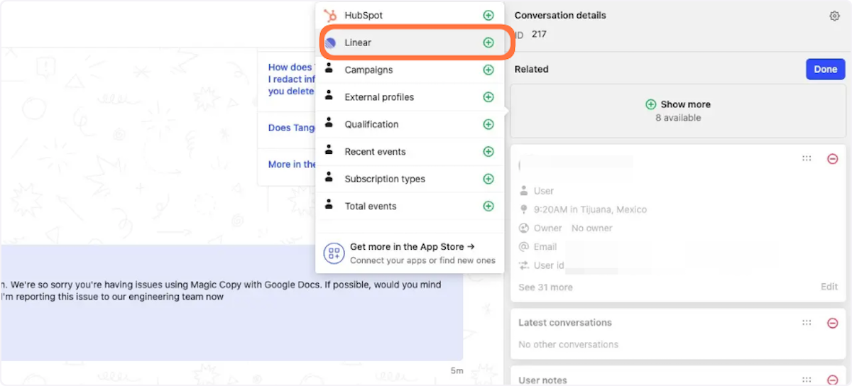 Click on Linear to add the integration to your righthand sidebar.