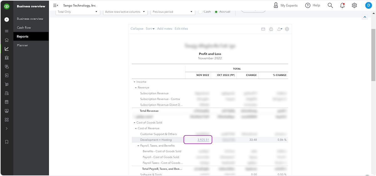 To drill down on a cost center, click on a number (e.g. 3,925.51)
