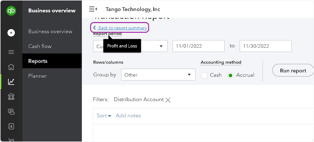 Click "Back to report summary" to go back to the P&L
