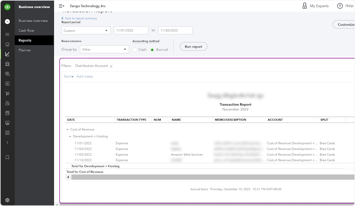 The Transaction Report shows all the transactions in that GL account during that time period