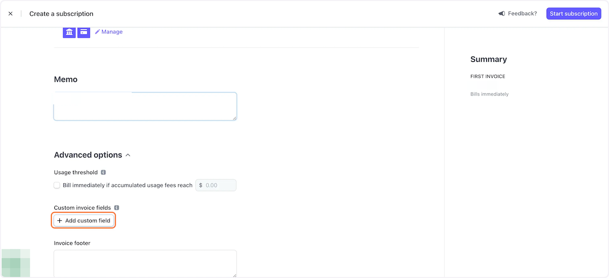 If a PO number is required, Click on "Add custom field"