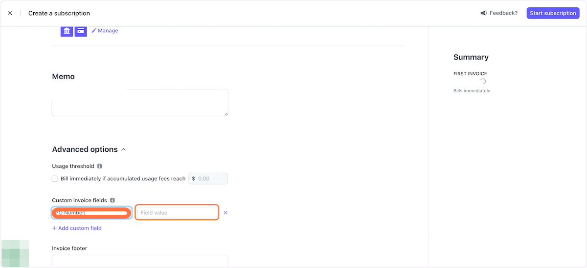 Type "PO Number" and add provided PO number