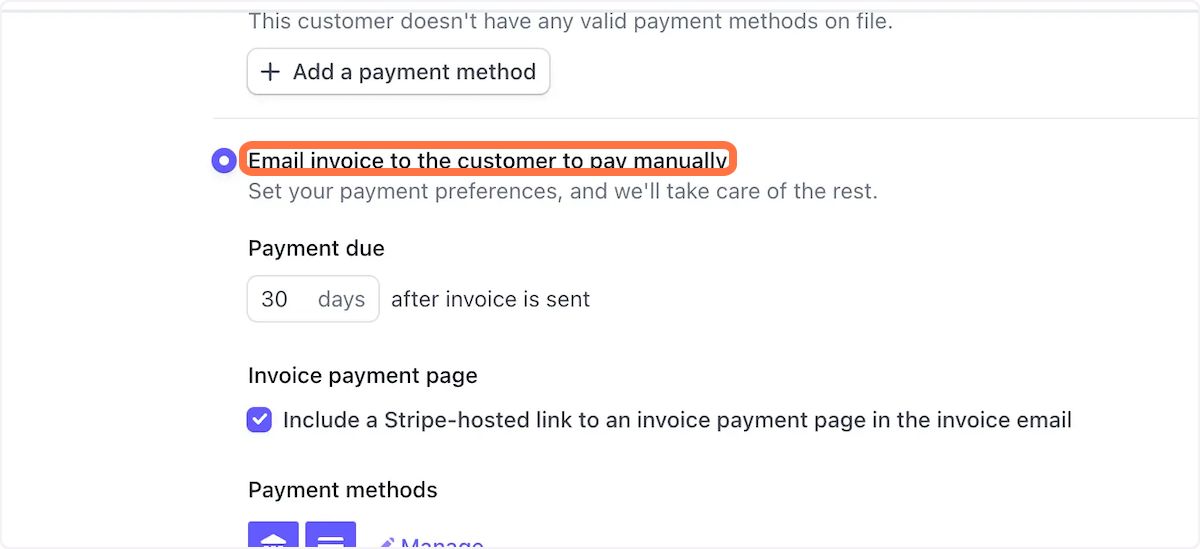 Click on Email invoice to the customer to pay manually