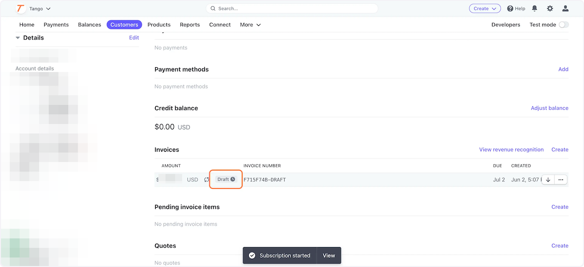 The invoice will be in a draft status for one hour and then will be sent to the customer.