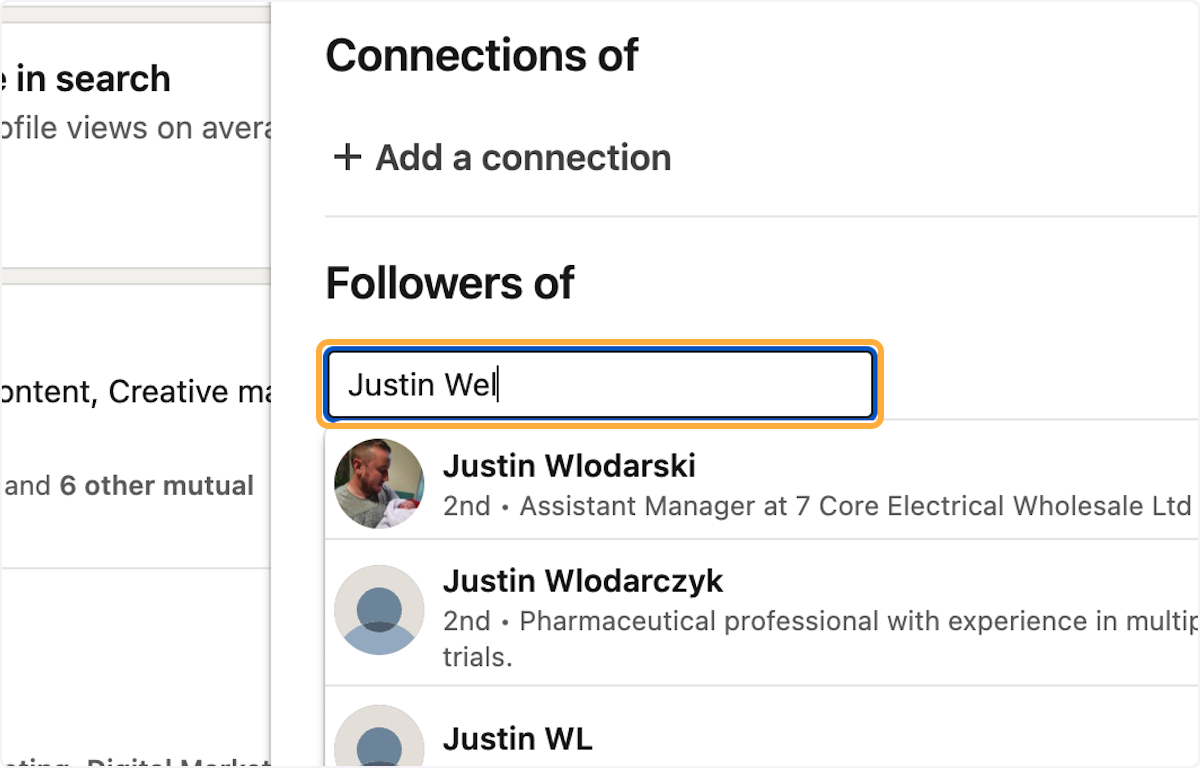 Type in the creator/influencer you want to us in this search. In this example: "Justin Welsh"